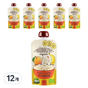 RUDOLFS 유기농 과일퓨레, 복숭아 + 바나나 혼합맛, 12개, 110g