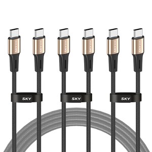 SKY 비트 60W PD PPS C타입 고강도 패브릭 초고속충전 골드 메탈 케이블, 200cm, 3개, 블랙