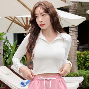 헤링본 여성용 카라 세미 크롭 래쉬가드 슬림핏 수영복 스윔웨어 긴팔 상의 RI377W