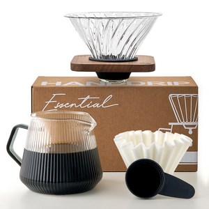 빈플러스 에센셜 웨이브 글라스 핸드드립 커피 4종 세트, 600ml, 1세트, 드리퍼 1P + 드립서버 1P + 여과지 10매 + 계량스푼 1P
