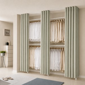 이지온 튼튼한 무타공 드레스룸 커튼 + 시스템 행거 세트 EO-S314, 미드나잇그린(커튼),  화이트(행거)