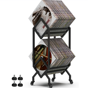 CROTOLO LP 보관함 수납 선반 최대 200장 LP 음반 보관 가능 편리한 캐스터 포함 대용량 레코드 보관 랙, 블랙, 2단
