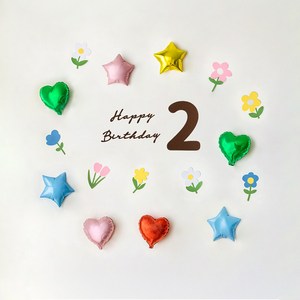 해피제이니 플라워 숫자 생일레터링 펠트 미니 하트 별 호일풍선 생일파티 세트, 1세트, 플라워 숫자2