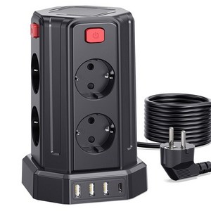 과부하차단 USB 타워 멀티탭 - 블랙 - 3M 전선 - USB 멀티탭 12구 (8소켓 3*USB-A 1*USB-C) KC 인증서 취득, 검은색, 1개