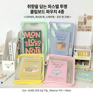 A4 투명 파일 케이스 지퍼형 스트랩 서류보관 파일케이스 내장클립보드, 1개, 민트