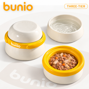 BUNIO 강아지 밥그릇 차곡차곡 고양이 밥그릇 척추 보호 물그릇 도자기 식기 3종, 1세트, 베이지 + 옐로우