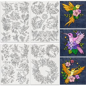 4개 벌새와 꽃 패턴 수공 재봉 수용성 자수 종이 안정기 297x210mm, 혼합 색