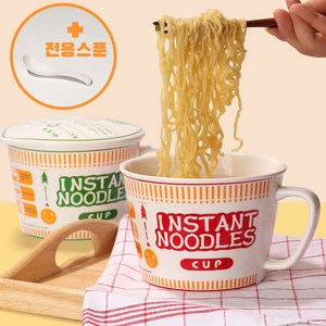 식품검사완료 컵라면 도자기 용기+스푼 전자레인지 라면 그릇 (전자렌지 손잡이 전용), 1세트, 그린
