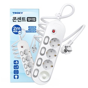 TROKY 고용량 멀티탭 콘센트 개별 과부하차단 3000W LED 안전커버, 화이트 4구, 1개, 2m