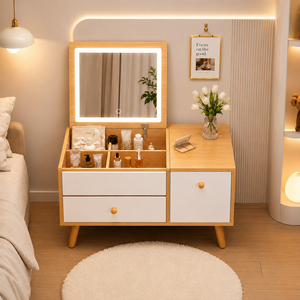 화장대 미니 화장대+LED 거울 서랍 수납 좌식 화장대, 오크 화이트 60CM (LED 거물)