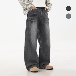 HANYO 남성용 리벳 장식 워싱 오버핏 루즈핏 데님 롱 청바지 팬츠