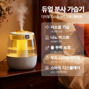 가정용 대용량 보틀형 더블 노즐 가습기 초음파 UV 살균 탁상용 가습기 1300ML, 흰색