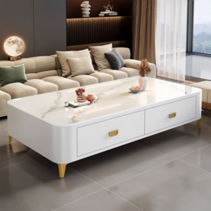 강화 유리 거실테이블 레일 서랍형 소파테이블, 화이트