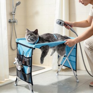 강아지 고양이 목욕 거치대 접이식 애견 미용해먹 접이식 샤워 해먹 미용대 드라이 발톱관리 소형중형견겸용, 1개, 푸른 색
