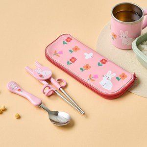 모던하우스 유아용 숟가락과 교정 젓가락 세트, 플라워래빗, 숟가락 + 교정 젓가락 + 지퍼 케이스, 1세트
