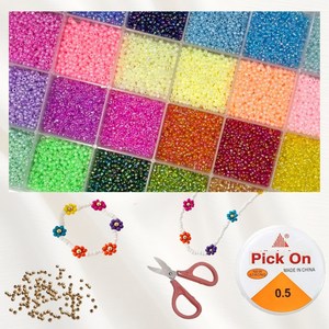 Pick On 시드비즈2mm 24색세트 + 골드 꽃씨 에디션 올인원 DIY 반지 팔찌 만들기, Mix, 1세트