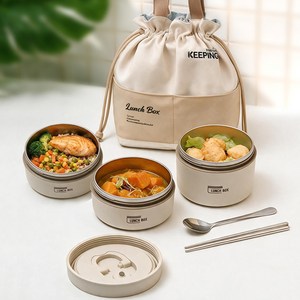 스피세프 304 스텐 직장인 도시락통 소풍도시락 전자레인지 런치박스, 베이지 3단 1460ML, 1세트