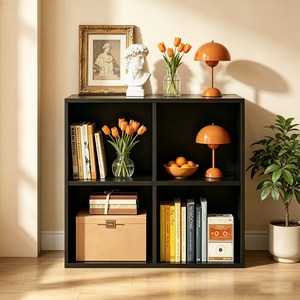 하루꿈 격자 오픈책장 대용량 다용도 수납 진열장 조립식 DIY 책꽂이 낮은책장 거실 침실 사무실 책장, 2단, 블랙