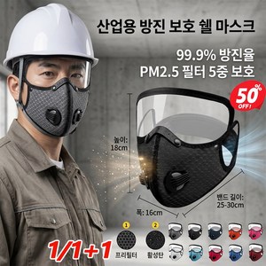 Lancore 1+1 [99.9% 방진율] 산업용 방진 보호 쉘 마스크 1급 투명 방진 마스크 필터 라이딩 마스크 탈부착 렌즈, 2개, 블랙