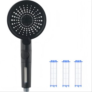 6단 수압상승 12cm 대형 패널 필터 샤워헤드 원터치 물잠금 샤워기, 블랙+필터*3, 1개