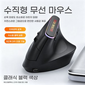 PYHO 버티컬 인체공학 무선 블루투스 마우스 충전금 듀얼 모드 블랙/화이트, 블랙, 인체공학마우스-001