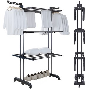 레퓰리 170cm 높이연장 특대형 3단 접이식 빨래건조대 이동식 이불건조대 원룸 베란다, 블랙