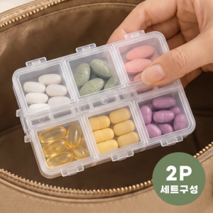 라이프엔라이크 휴대용 약통 케이스 6칸 알약 케이스 영양제 소분 보관함 2P 세트, 2개, 투명