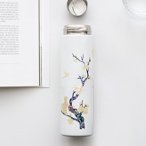 중앙공예관 로켓 천연 자개 텀블러 500ml 프리미엄 SUS 316 스테인리스 텀블러 차망포함 물 비린맛 없는 텀블러, 매화고양이 흰색, 1개