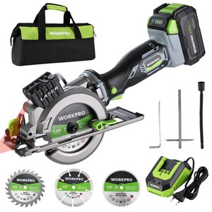 WORKPRO 20V 무선 미니 원형 톱 4500RPM 충전식 절단기 전기톱 목공용 블레이드 115MM 호환, 1세트