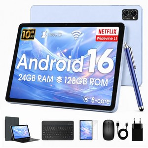 TABWEE 10인치 태블릿 최신 안드로이드 16 2026 최신 옥타코어 CPU 8GB+16GB RAM + 128GB Widevine L1 태블릿pc 키보드 마우스 터치펜 세트, Wi-Fi, 푸른색