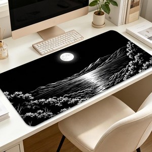 흑백 선 월광 해파리 산수 풍경 패턴 장패드 900X400X3MM 대형 게임 마우스패드 미끄럼 방지 키보드 롱패드, 1개, 흑백의 달빛 호수와 산의 풍경