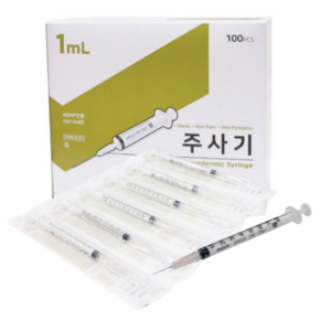 한국백신 일회용 주사기 1cc 26g 100p 멸균 개별포장 의료용 바늘, 100개
