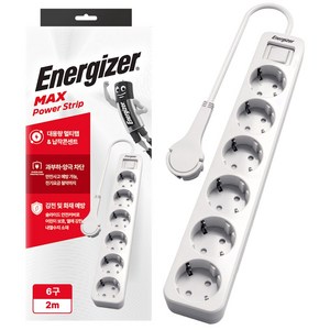 에너자이저 4000W 고용량 과부하차단 납작 멀티탭 6구 콘센트, 화이트, 1개, 2m