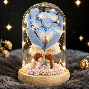 프리저브드 플라워 유리돔 무드등 꽃다발 커플 인형 여자친구 여성 아내 생일 선물, 1개, 그라데이션 블루장미 무드등