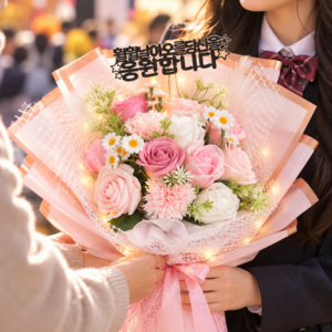 롱아트 5겹 장미 비누꽃다발 + 쇼핑백 + 토퍼 3종 + 전구 세트, 로맨틱 핑크, 1개