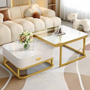 대리석 거실 테이블 레일 서랍형 소파 테이블, 무색 유리