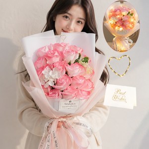 Flyaiku 로즈핑크 18송이 시들지 않는 LED 장미 꽃다발 선물세트 기프트박스 카드포함 졸업식 기념일 선물, 핑크색