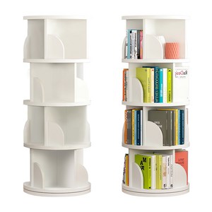대용량 회전형 원형 책장 거실 서재 나무 책꽂이 인테리어 북선반, 4단, 화이트색