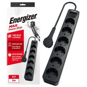 에너자이저 4000W 고용량 과부하차단 납작 멀티탭 6구 콘센트, 블랙, 1개, 2m