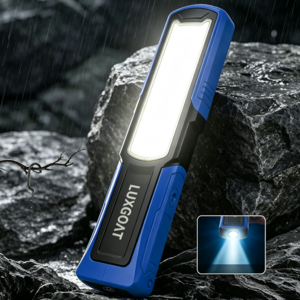 LUXGOAT 충전식 자석 LED 작업등 6000mAh 용량 방수 500m 조사거리 이중 고리 디자인 3단 조도 조절 360도 회전 걸이형 캠핑 랜턴 차량 정비 비상 조명, 블루, 1개