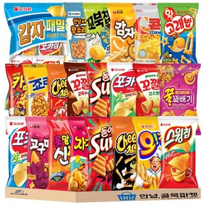 봉지 과자 26종 세트 오리온 최고스낵 4묶음 감자 패밀리팩 인기스낵 꿀바새감 고감자꿀 롯데스낵 4종 크라운 크크스낵 ( 콘칩 죠리퐁 신짱 카레멜콘땅콩 ) 스낵, 1세트, 봉지과자 26종
