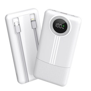 KLIFE 고속충전 대용량 보조배터리 10000mAh PD 22.5W QC3.0 케이블 일체형 LED 잔량표시, 화이트