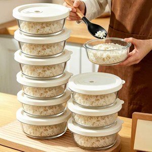 Munjjing 내열강화유리 햇밥용기 흰색 원형 렌지쿡 전자레인지 냉동밥 보관용기, 10개, 400ml
