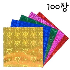 홀로그램 학종이 7 x 7 cm 100매 대용량 종이접기 반짝이 색종이, 1팩, 5색