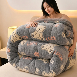 두꺼운 겨울 이불 양털기모 차렵이불 따뜻함 유지 귀여운 곰도리 이불 간절기 이불, 행운 곰돌이