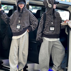 비비키드 여아 기모 겨울 초중생 스트라이프 맨투맨 후드티 상하복 세트 주니어 긴팔 상의+하의 세트 초등생 레터링 긴바지 (77859)