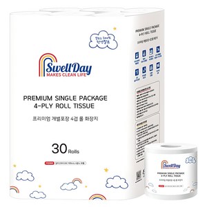 스웰데이 프리미엄 개별포장 4겹 천연펄프 롤 화장지, 23m, 30롤, 1세트