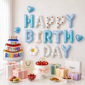 해피제이니 파스텔 그래픽 풍선레터링 케이크 하트 데이지 호일풍선 생일파티 세트, 1세트, 블루그래픽 풍선레터링