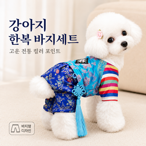 강아지 명절 한복 색동 애견의류 여아 원피스 남아 바지세트, 1개, 블루(4다리 바지형)