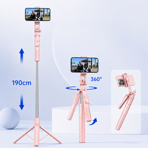 Ditwo 190cm 초경량 그립 핸들 블루투스 짐벌 삼각대 셀카봉 광각 브이로그 촬영 3in1, 1개, 핑크, small